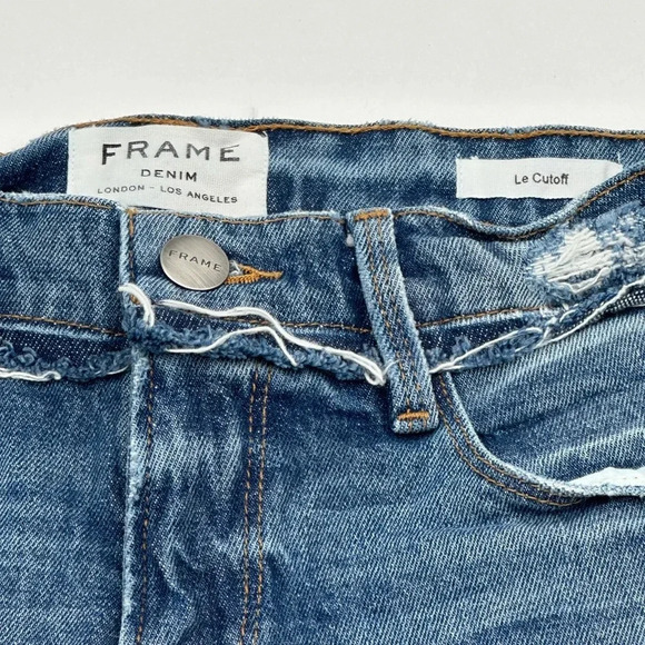 Frame Le Cut Off Jean Shorts Stretch Denim Raw Hem Distressed Size 26 Dark Wash - Picture 3 of 8